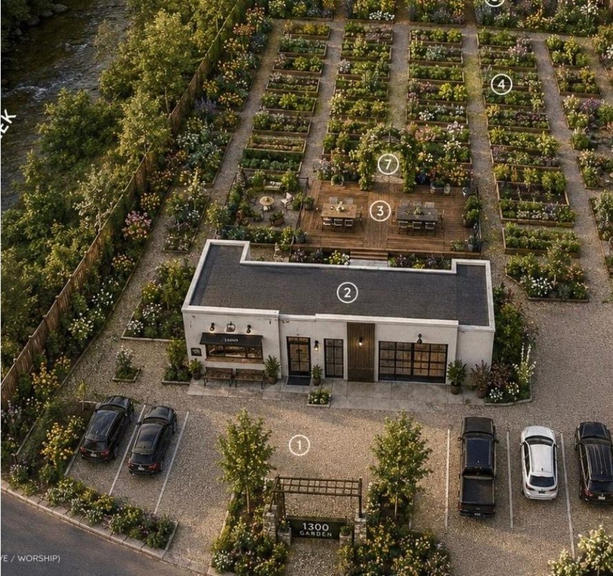A conceptual aerial illustration of a garden with rows of plants and paths around a small building.