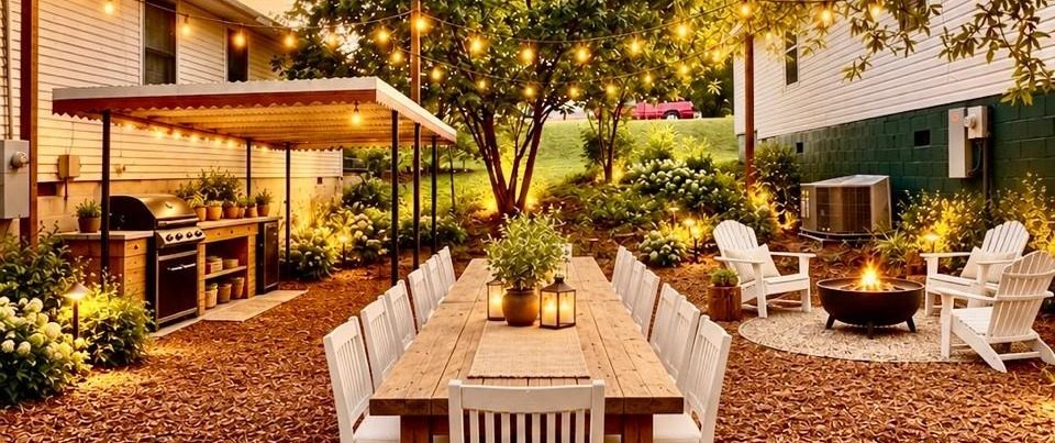 A conceptual illustration of a long outdoor dinner table under string lights beside a fire pit and white chairs.