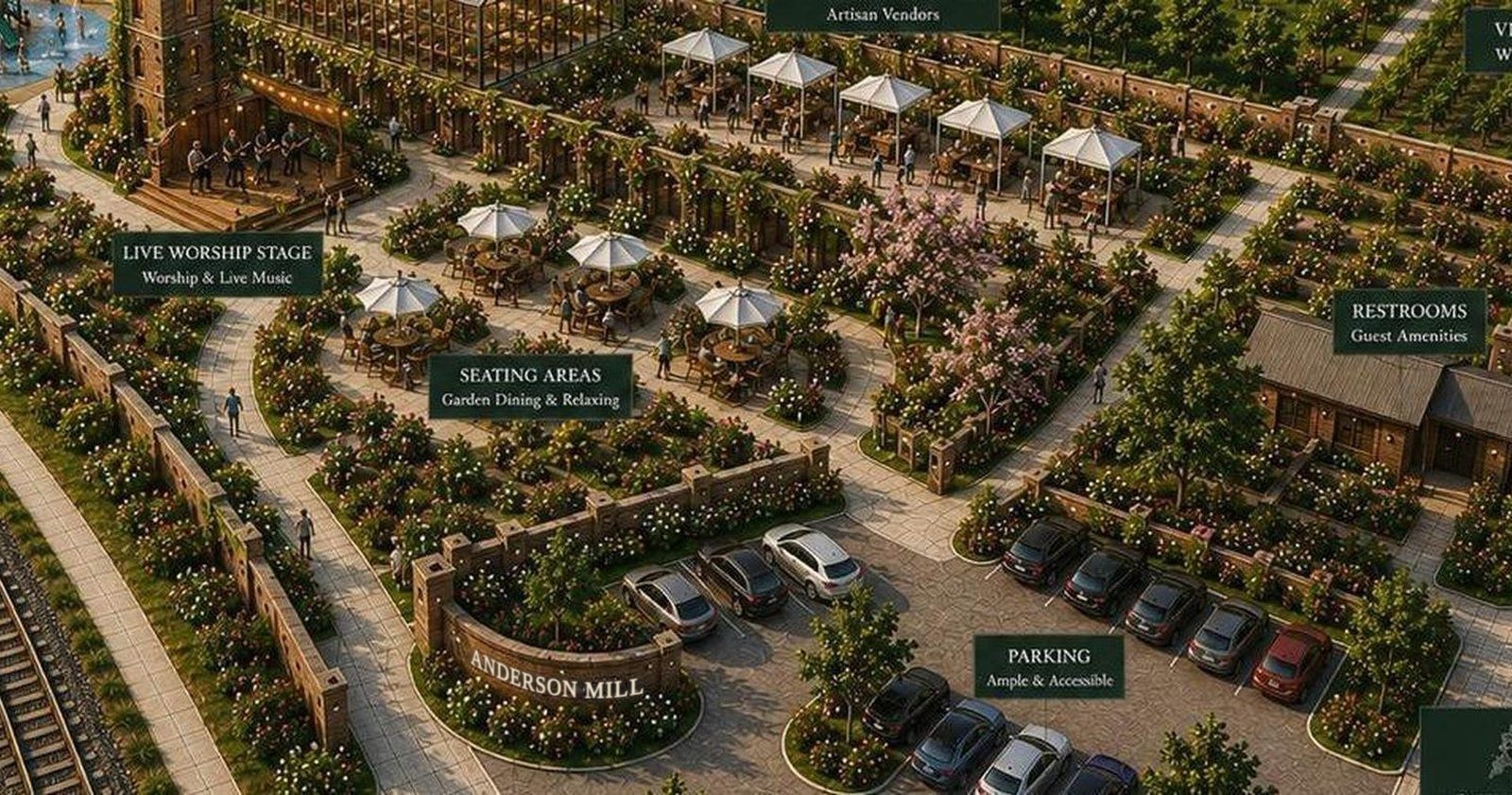 A conceptual aerial illustration of gardens, a market, and gathering places beside the Anderson Mill and its railroad tracks.